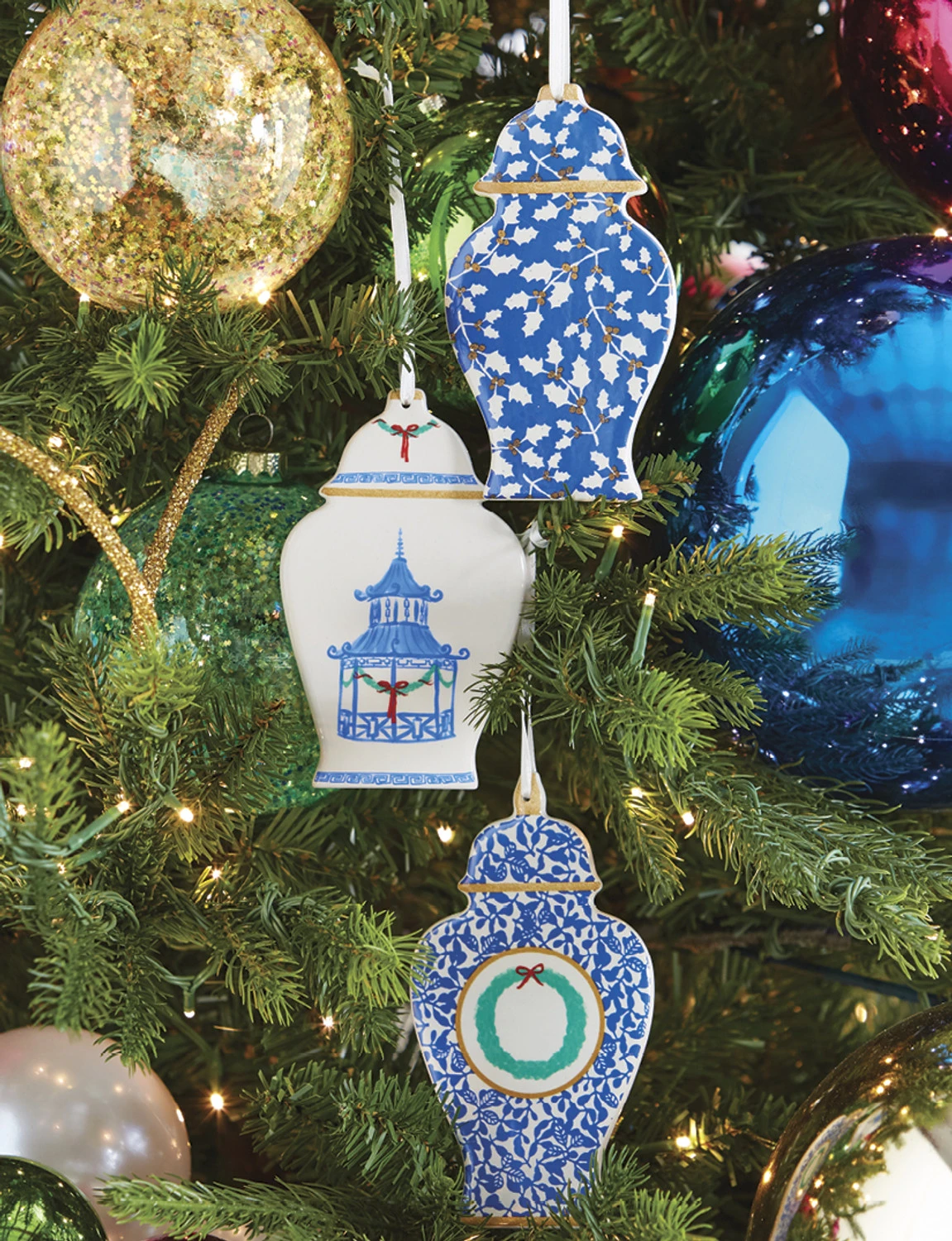 Raz 6" Set Of 3 Delft Ginger Jar Cut Out Christmas Ornament 4210273 3 Raz 6" Set Of 3 Delft Ginger Jar Cut Out Christmas Ornament 4210273