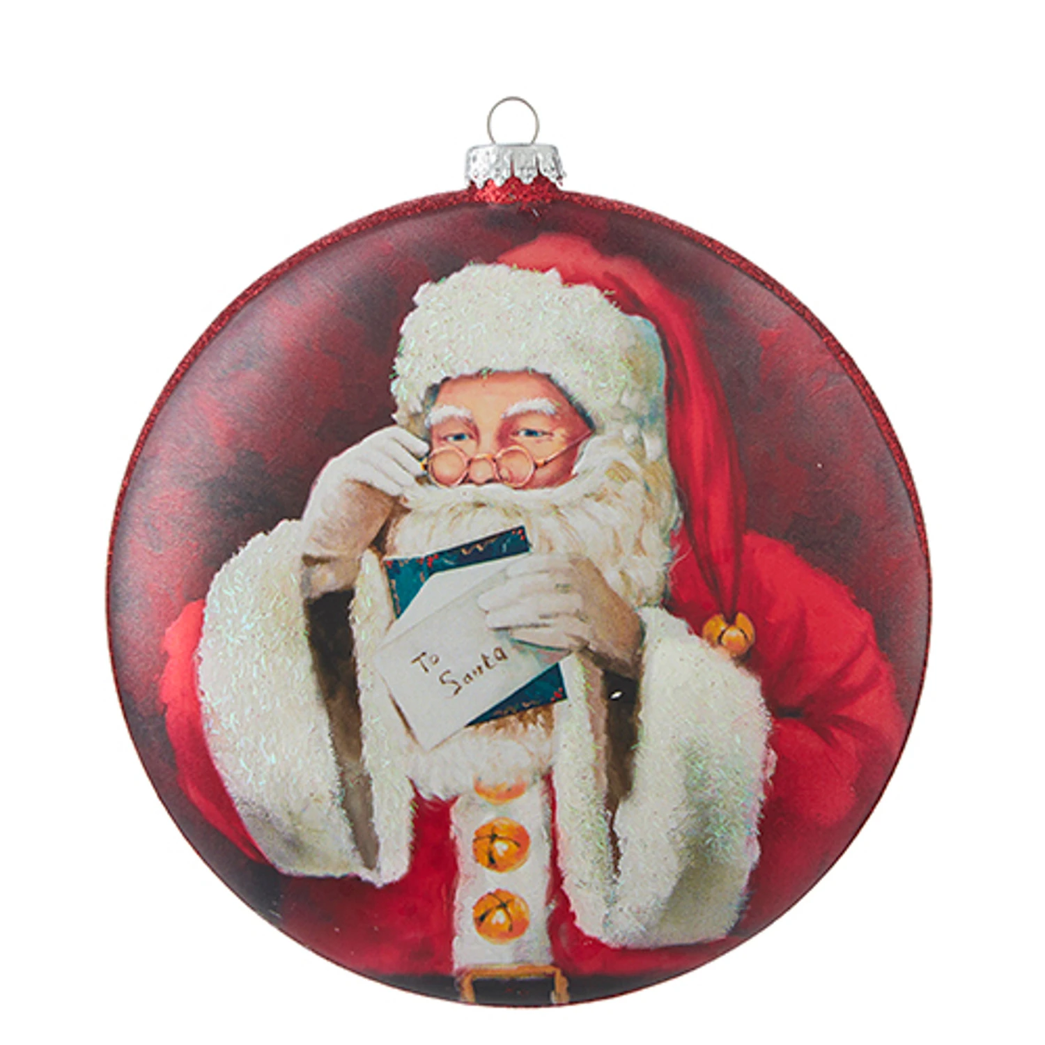 Raz 6" Santa Reading Letter Disc Glass Christmas Ornament 4252887 4 Raz 6" Santa Reading Letter Disc Glass Christmas Ornament 4252887 - Image 2