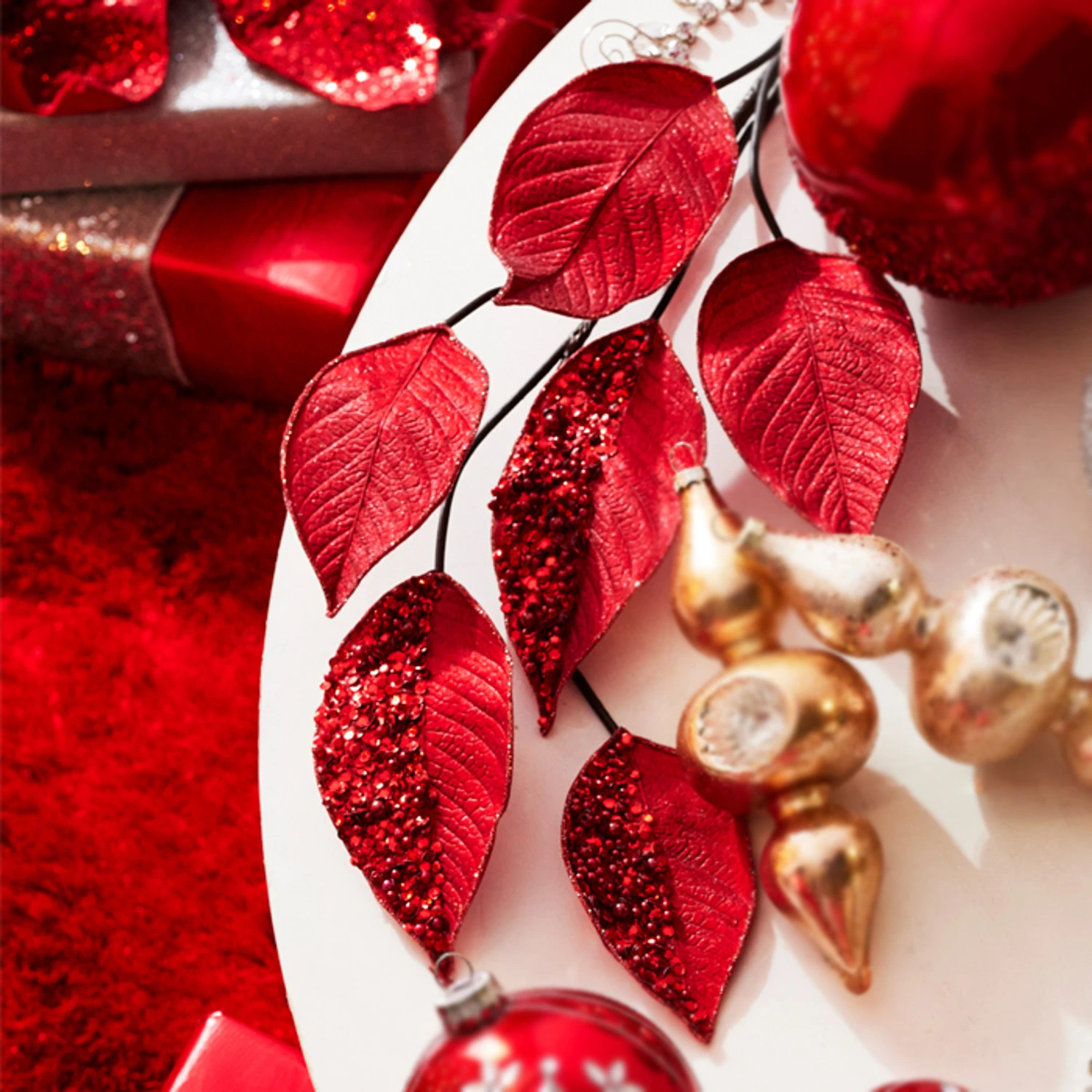 Raz 33.5" Red Beaded Leaf Christmas Tree Spray F4322788 3 Raz 33.5" Red Beaded Leaf Christmas Tree Spray F4322788