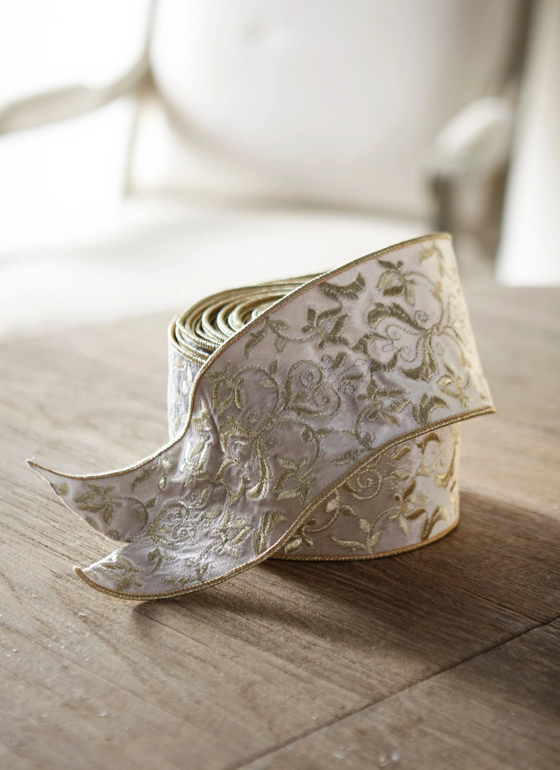 Raz 4" Embroidered Champagne Wired Christmas Ribbon R4371784 3 Raz 4" Embroidered Champagne Wired Christmas Ribbon R4371784