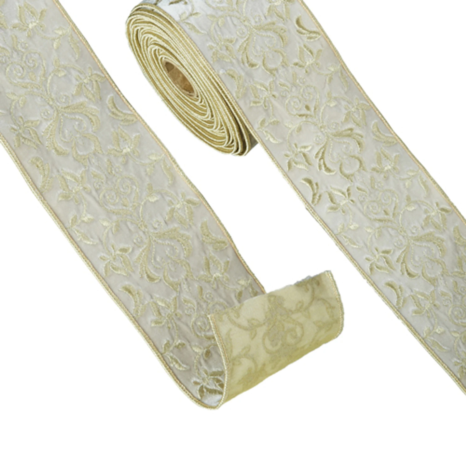 Raz 4" Embroidered Champagne Wired Christmas Ribbon R4371784 4 Raz 4" Embroidered Champagne Wired Christmas Ribbon R4371784 - Image 2