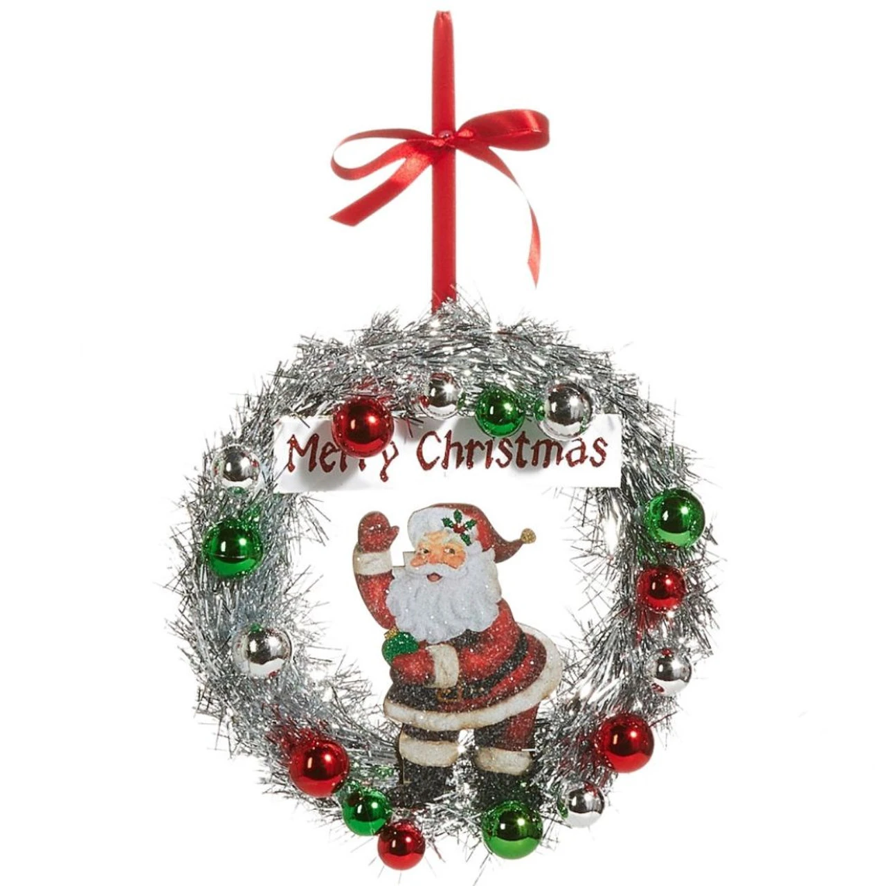 Vintage Santa In Silver Wreath "Merry Christmas" Ornament 3 Vintage Santa In Silver Wreath "Merry Christmas" Ornament