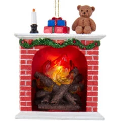 Kurt Adler Red Brick Fireplace With Light Ornament