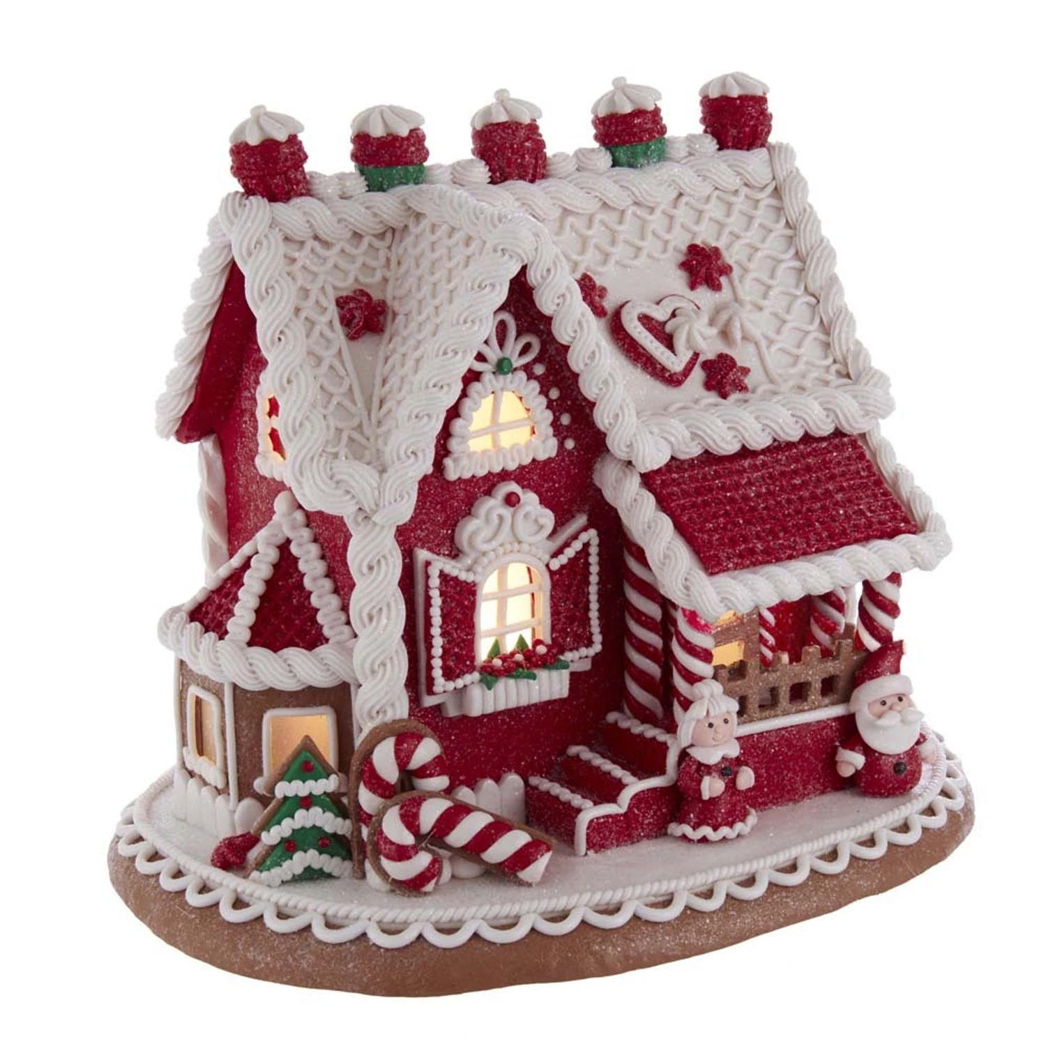 Kurt Adler 9" LED Lighted Santa And Mrs. Claus Red Claydough Gingerbread Christmas House GBJ0015 3 Kurt Adler 9" LED Lighted Santa And Mrs. Claus Red Claydough Gingerbread Christmas House GBJ0015
