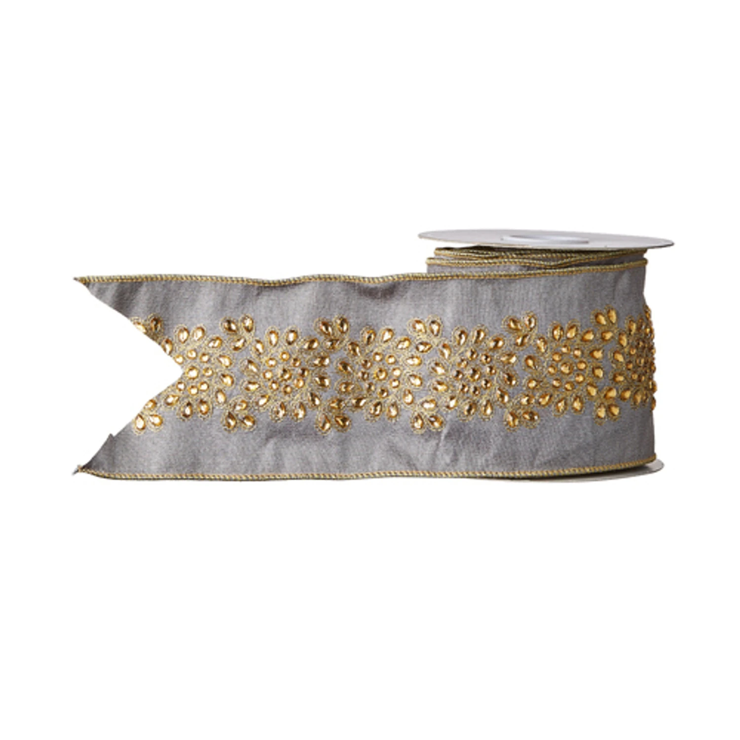 Raz 4" Grey And Gold Embroidered Wired Christmas Ribbon R4171868 4 Raz 4" Grey And Gold Embroidered Wired Christmas Ribbon R4171868 - Image 2