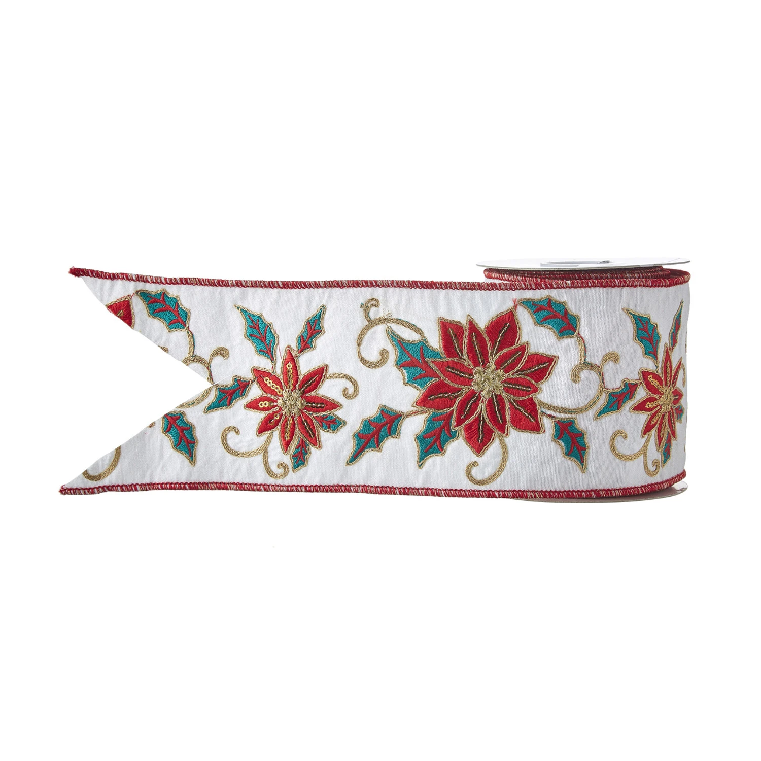 Raz 4" Embroidered Poinsettia Wired Christmas Ribbon R4171885 4 Raz 4" Embroidered Poinsettia Wired Christmas Ribbon R4171885 - Image 2