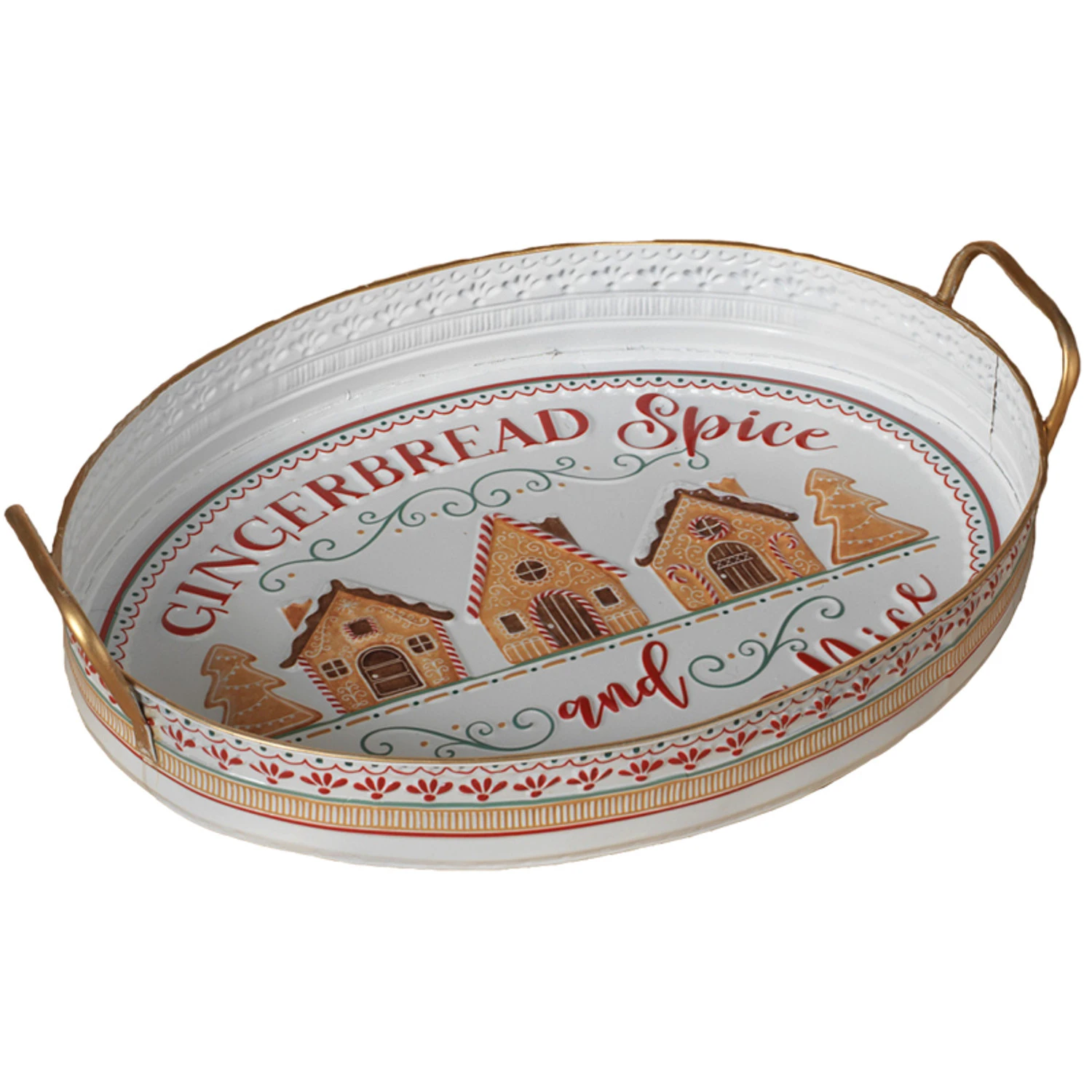 18.8" Metal Embossed Gold And White Gingerbread And Spice Christmas Tray 2604680 3 18.8" Metal Embossed Gold And White Gingerbread And Spice Christmas Tray 2604680